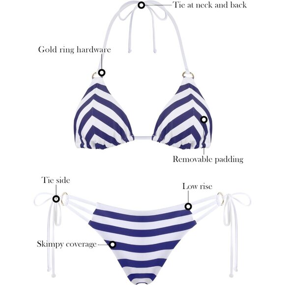 🆕Women’s Stripe Polyamide Cheeky Bikini Bottom Push Up Triangle Swimsuit - Picture 6 of 6